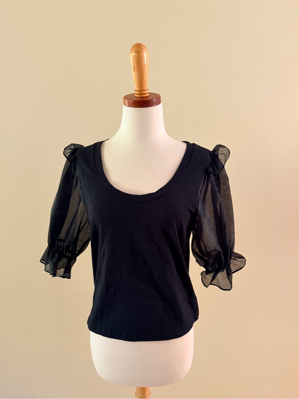 French Connection Black Scoop Neck Puff-Sleeve Top L Sheer Sleeve